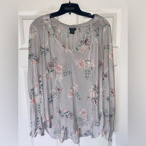 Torrid Gray Floral Print Tie Neck Blouse